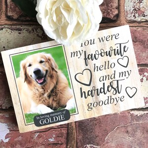 Puede incluir: Una placa conmemorativa de madera con una foto de un perro golden retriever. El texto dice "Fuiste mi favorito hola y mi adi&oacute;s m&aacute;s dif&iacute;cil". La placa tambi&eacute;n incluye el texto "En memoria cari&ntilde;osa de Goldie".