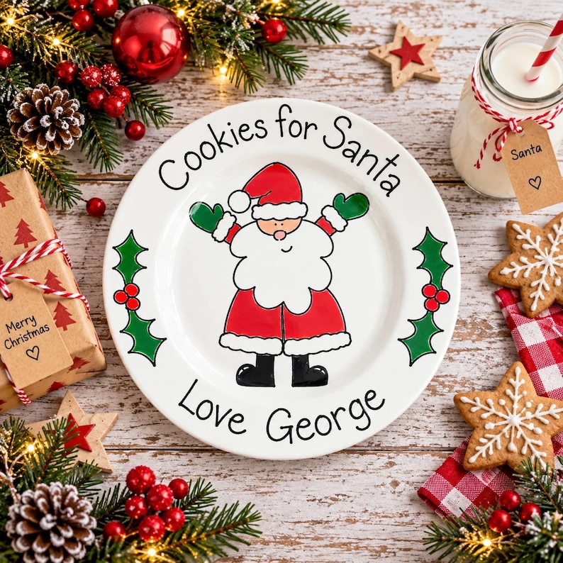 May include: A white ceramic plate featuring a colorful illustration of Santa Claus in the center, with the text Cookies for Santa at the top and Love George at the bottom, accented by green holly leaves and red berries on the sides.