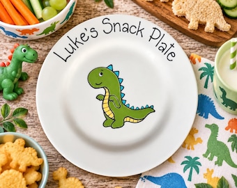 Dinosaur Plate, Kids Name Plate, Plate for Son, Gift for Girls, Grandson Birthday Gift, Personalised Plate, Childs Plate, Snack Dinner Plate