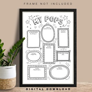 Könnte beinhalten: Ein ausdruckbares schwarz-weißes "Mein Papa"-Ausfüllblatt mit einem Titel und acht leeren Rahmen zum Schreiben über einen Vater. Die Rahmen enthalten Aufforderungen wie "Mein Papa ist der Beste in..." und "Mein Papa bringt mich zum Lachen, wenn..."