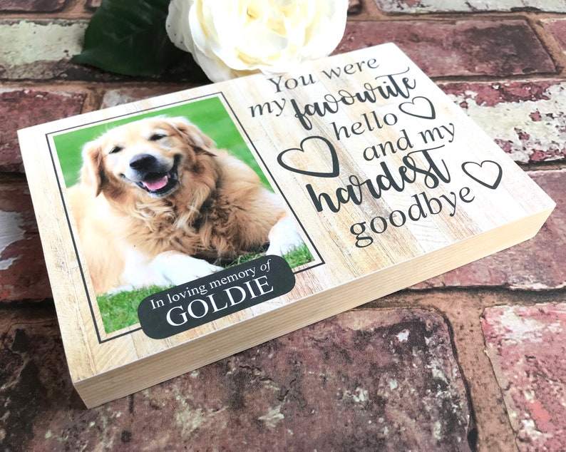 Puede incluir: Una placa de madera conmemorativa con una foto de un perro golden retriever. La placa tiene el texto "You were my favourite hello and my hardest goodbye" con corazones alrededor del texto. La placa tambi&eacute;n tiene una peque&ntilde;a etiqueta negra con el texto "In loving memory of GOLDIE".