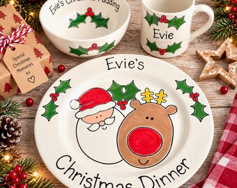 Christmas Dinner Set for Children, Child Father Christmas Dinner Plate Set, Santa and Rudolf, Xmas Plate, Christmas Plate, Christmas Dinner