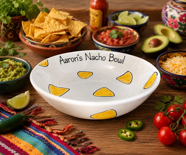 May include: A white ceramic bowl with a hand-painted yellow nacho chip pattern and the black text Aaron's Nacho Bowl printed along the inner rim. The bowl has a wide, shallow design with a smooth, glossy finish and a rounded edge.