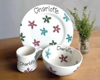 Personalised Child Dinner Set, Ceramic Plates & Bowl Set, Gift for Child, Children's Gift, Child Eating Set,  Personalised Plate Bowl Mug