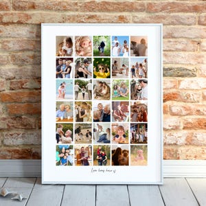 May include: A white framed photo collage with 30 individual photos. The images show various people and family moments. The phrase "Love lives here" is written in cursive at the bottom of the frame.