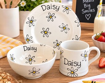 Personalised Kids Dinner Set, Custom Plate Bowl & Mug, Childrens Ceramic Tableware, Kids Mealtime Set, Gift for Boy or Girl