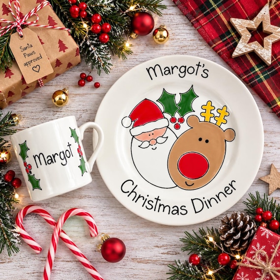 Personalised Kids Christmas Dinner Set, Santa Plate Bowl & Mug, Christmas Eve Gift, Childrens Christmas Tableware, Xmas Dinner Set