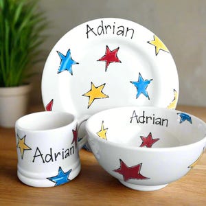Personalised Child Dinner Set, Ceramic Plates & Bowl Set, Gift for Child, Children&#39;s Gift, Child Eating Set,  Personalised Plate Bowl Mug