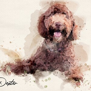 May include: Watercolor painting of a brown dog with its tongue sticking out. The dog is sitting on a white background with brown and tan watercolor splatters.