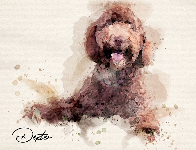 May include: Watercolor painting of a brown dog with its tongue sticking out. The dog is sitting on a white background with brown and tan watercolor splatters.