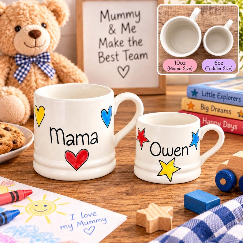Op de afbeelding: Twee witte keramische mokken met oren, een grotere met het opschrift Mama met een rood hart en blauwe en gele hartjes, en een kleinere met het opschrift Owen met rode en blauwe sterren en een gele ster. Een inzet toont de bovenaanzichten.