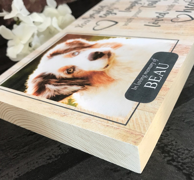 K&ouml;nnte beinhalten: Holz-Gedenktafel mit einem Foto eines Hundes und dem Text "You smiled, you laughed, you explored with your tail wagging. You loved, you lived, you were with us.  In loving memory of BEAU".