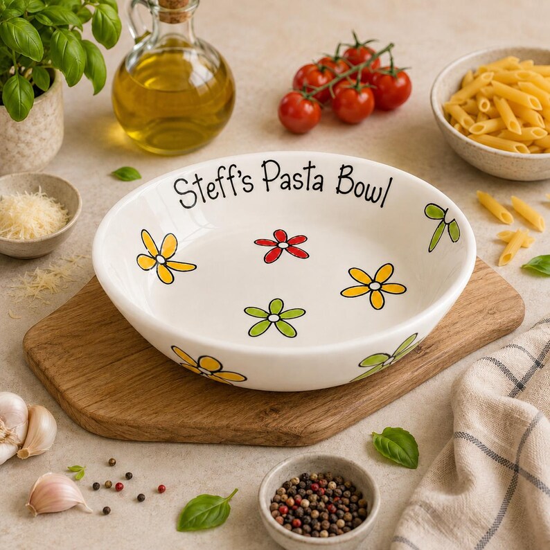 May include: A white ceramic pasta bowl featuring the black text "Steff's Pasta Bowl" along the inner rim. The bowl is decorated with hand-painted colourful flowers in red, yellow, and green. The bowl has a wide, shallow design with a smooth finish.