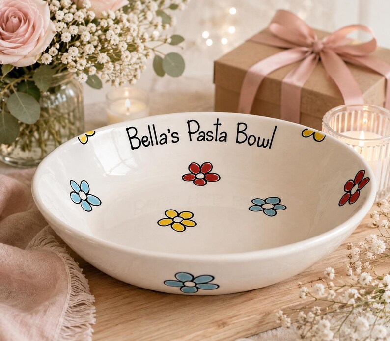 May include: A white ceramic pasta bowl featuring hand-painted colourful flowers in red, yellow, and blue. The interior rim is inscribed with the black text Bella's Pasta Bowl. The bowl has a smooth, glossy finish and a wide, shallow circular shape.