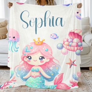 Mermaid Baby Blanket, Personalised Baby Shower Gift Soft Blanket for Baby, Plush Baby Girl Blanket, Under-the-Sea Design Custom Blanket Gift