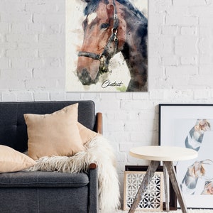 May include: Watercolour painting of a chestnut horse's head with a black halter. The horse is looking to the left. The painting has a white background with a light blue watercolour wash.