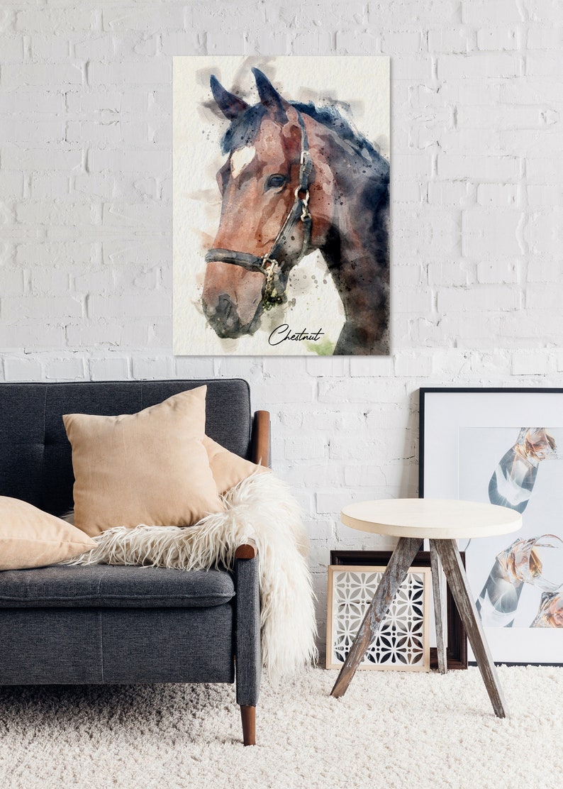 May include: Watercolour painting of a chestnut horse's head with a black halter. The horse is looking to the left. The painting has a white background with a light blue watercolour wash.