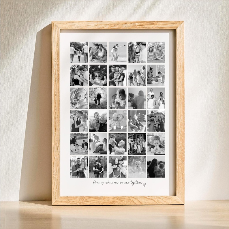 May include: A framed collage of black and white photographs. The wooden frame surrounds a grid of small photos, each capturing a moment. The phrase "Home is wherever we are together" is written at the bottom. The overall theme is family and memories.