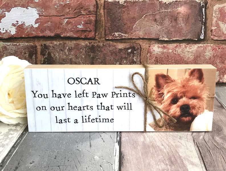 May include: A wooden block with a white background and black text that reads "OSCAR You have left Paw Prints on our hearts that will last a lifetime". A photo of a brown and white dog is on the right side of the block.