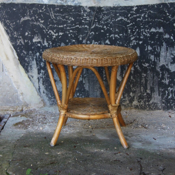 Small low wicker rattan pedestal table round table bamboo straw Vintage / Vintage Mid century French / Holy10