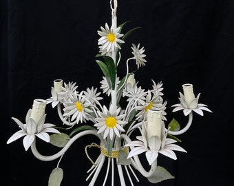Vintage Italian Marguerites sheet metal chandelier 5 lights MASCA / metal suspension country flowers midcentury Florentine / Holy10 Paris