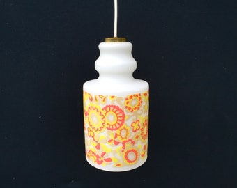 White opaline tube globe chandelier decorated with yellow psychedelic flowers from the 70s cylindrical / Holy10 Paris