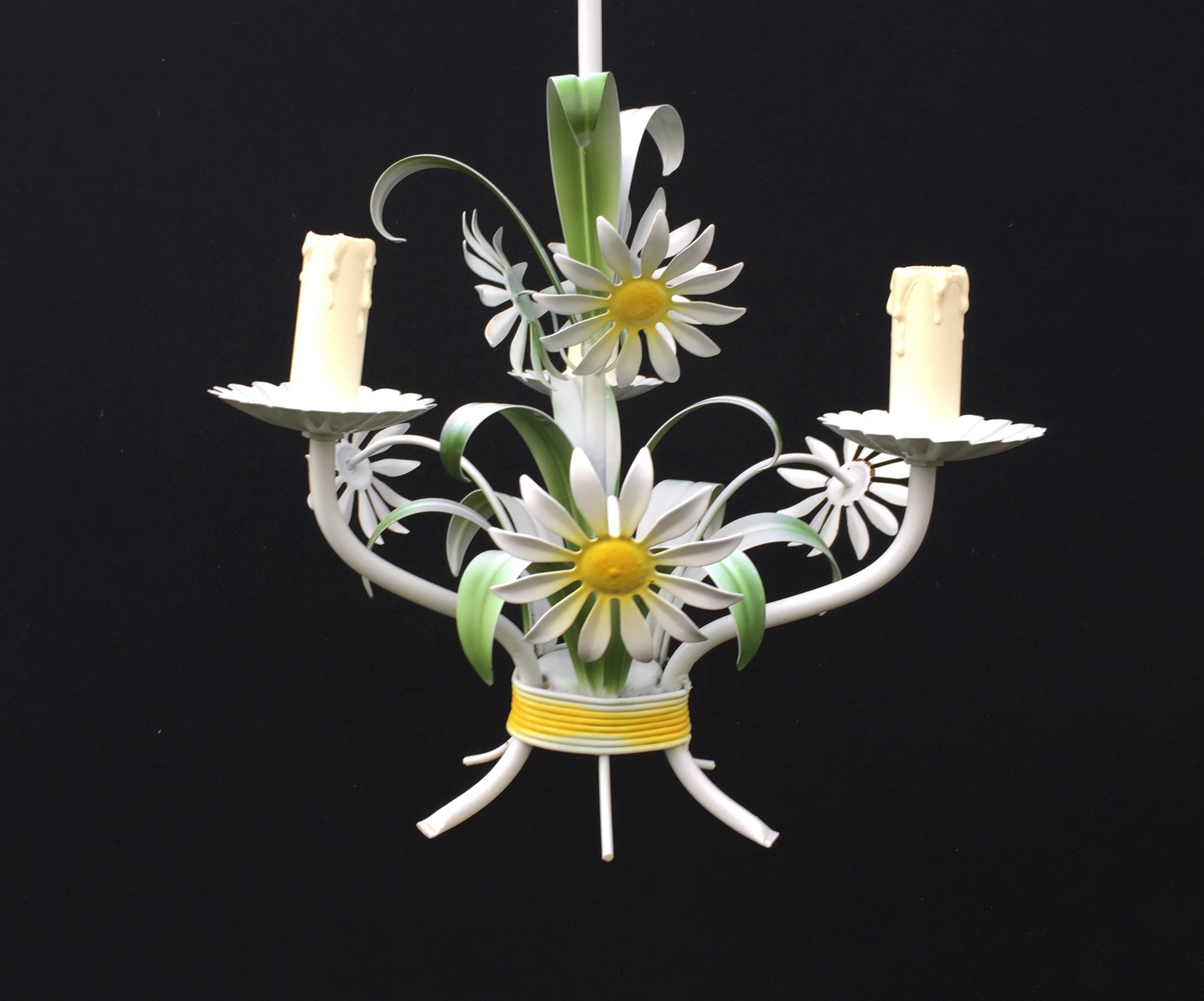 Lustre Tôle Marguerites Vintage 3 Bougies/Suspension Plafonnier Métal Fleurs Champêtres Midcentury L