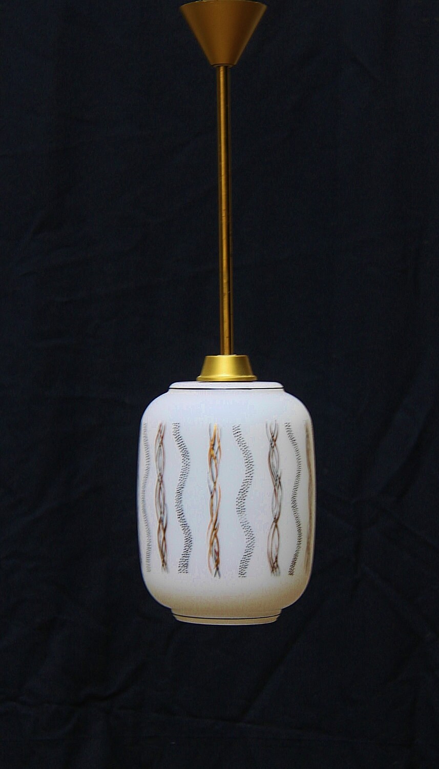 Lustre Art Deco Blanc Cylindre Suspension Verre de Lait Motif Géométrique Noir Or/Abat-Jour Plafond 