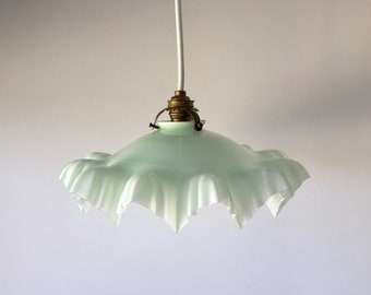 Opaline pendant light antique glass almond green wavy frilly wave shape / Opaline art deco / Holy10 Paris