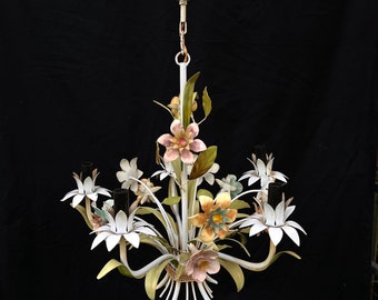 Italian chandelier sheet metal flowers in vintage bouquet 5 candles / metal ceiling pendant midcentury country flowers / Holy10 Paris lighting