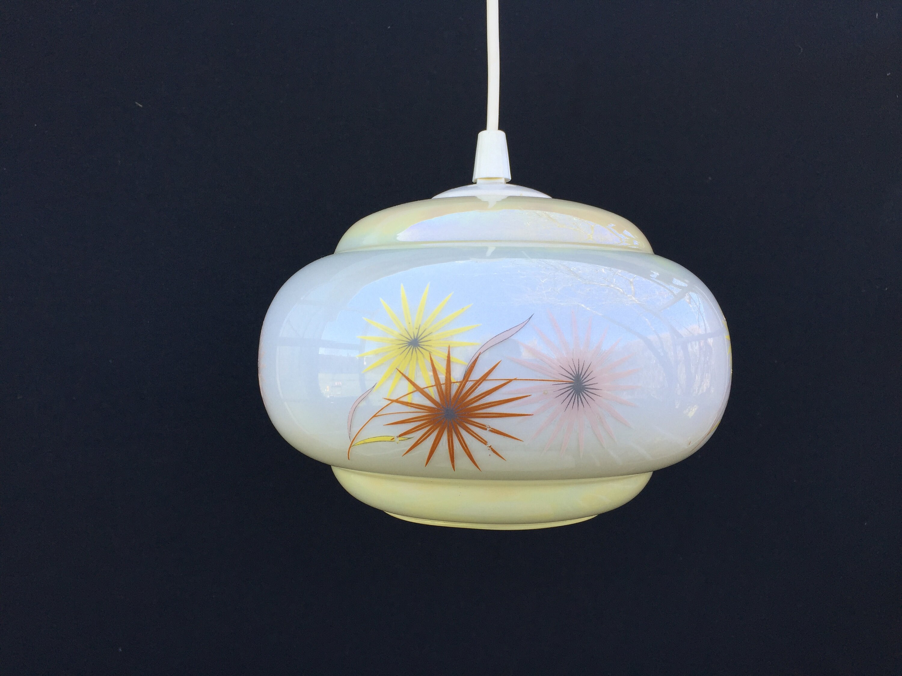 Suspension Boule Verre Nacré Beige Jaune Motif Floral/Globe Luminaire Vintage Holy10 Paris