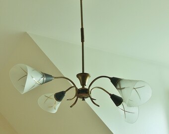 Discount Lustre blanc or néo Art déco suspension Stilnovo plafonnier moderniste 4 lampes tulipes verre métal noir / luminaire Holy10