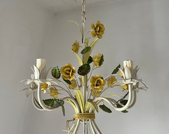 Italian sheet metal chandelier bouquet of yellow roses 5 candles / metal ceiling pendant midcentury country flowers / Holy10 Paris lighting