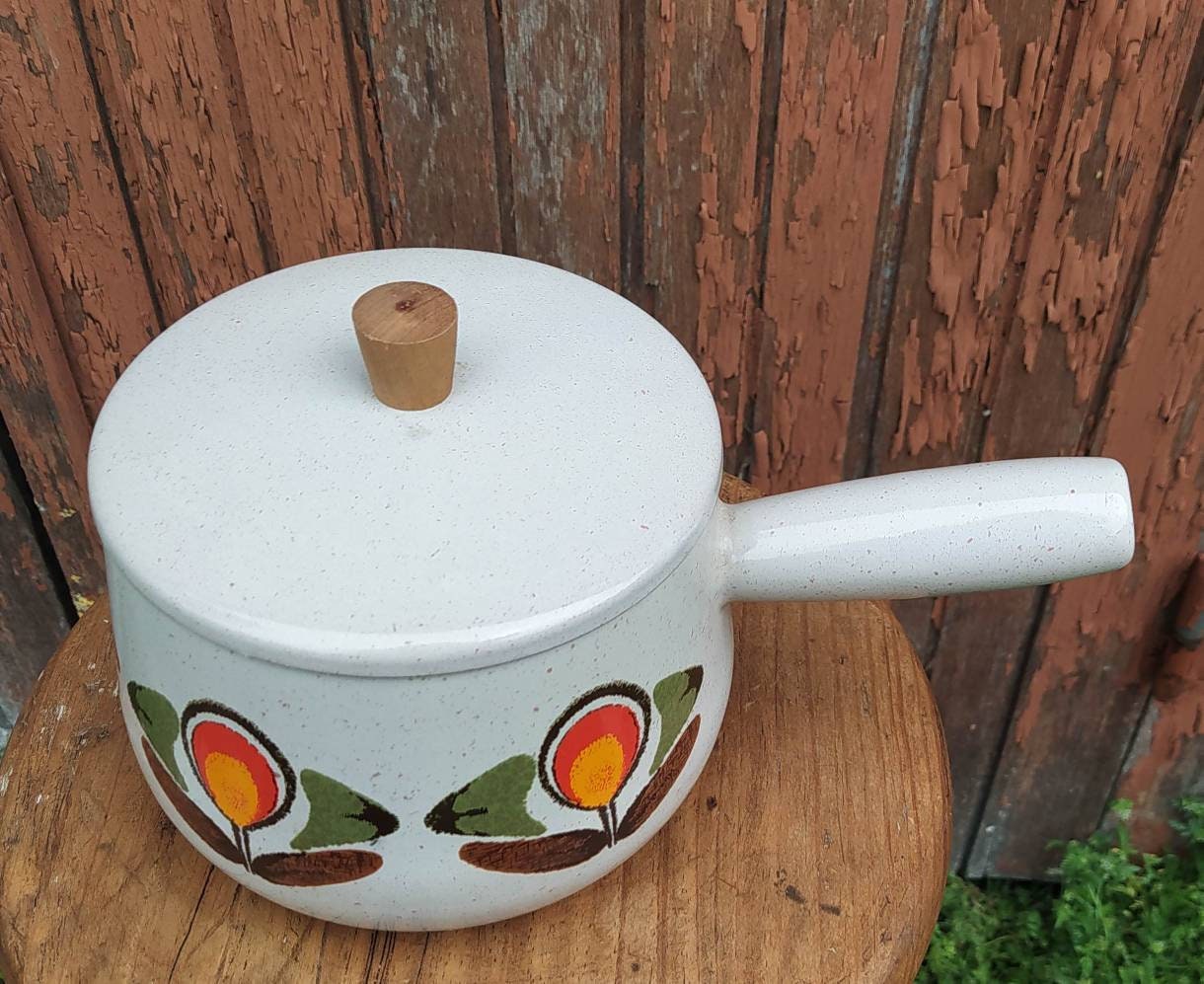 Casserole Poêlon Caquelon Fondue France Aubecq Métal Émaillé Couvercle/ Vintage 70 Fleur Flamme Oran