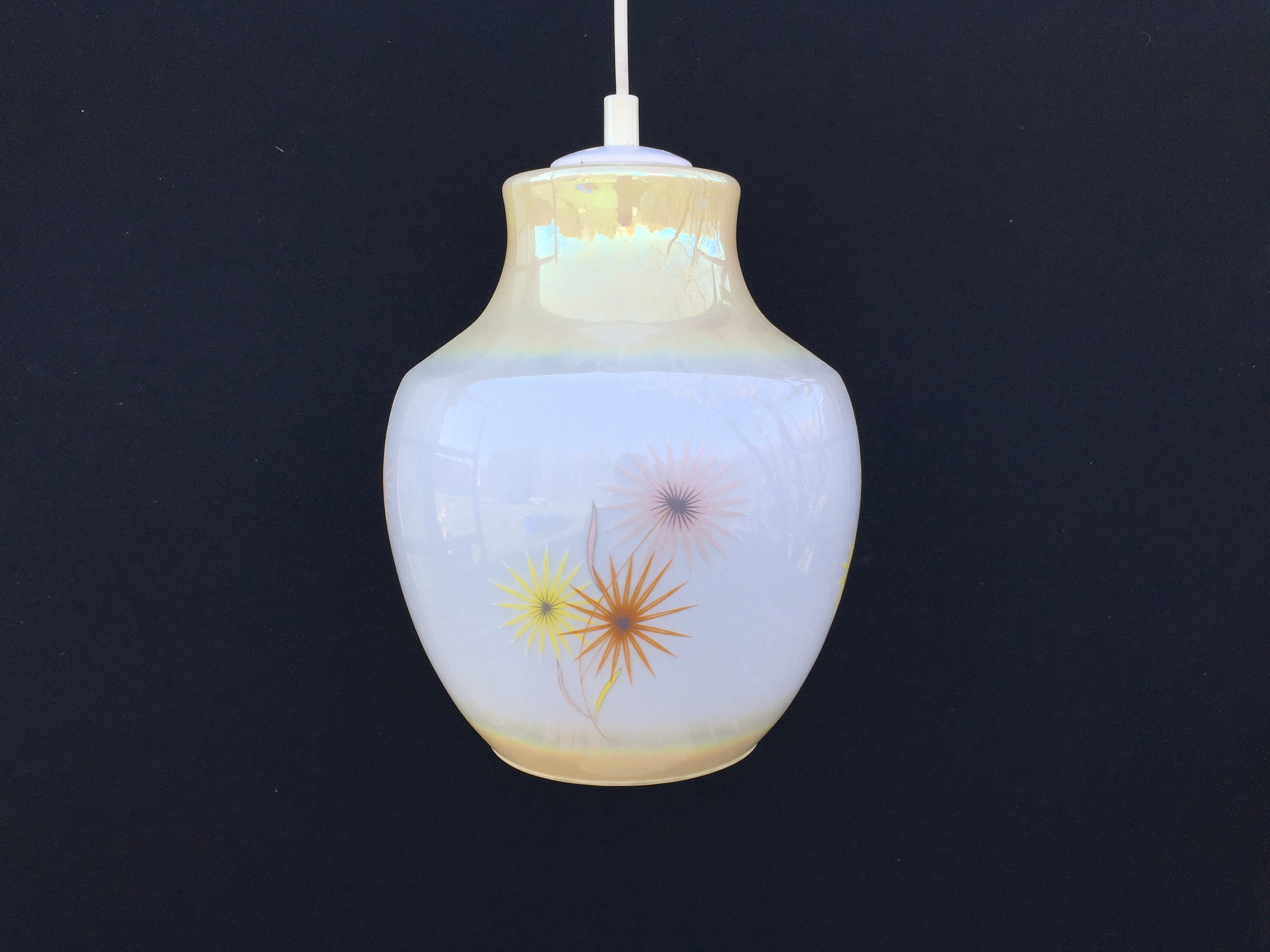 Suspension Globe Verre Nacré Beige Jaune Motif Floral/Luminaire Vintage Holy10 Paris