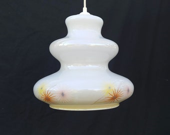 Pendant globe pearly glass beige yellow floral pattern / opaline vintage lighting / Holy10 Paris