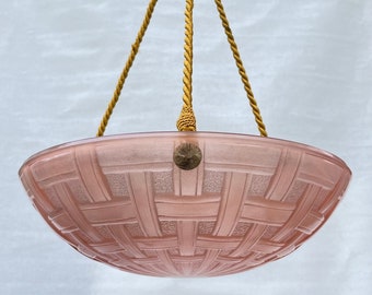 Suspension basin ceiling light art deco pink glass fabric cords / Antique lighting tray Holy10 Paris