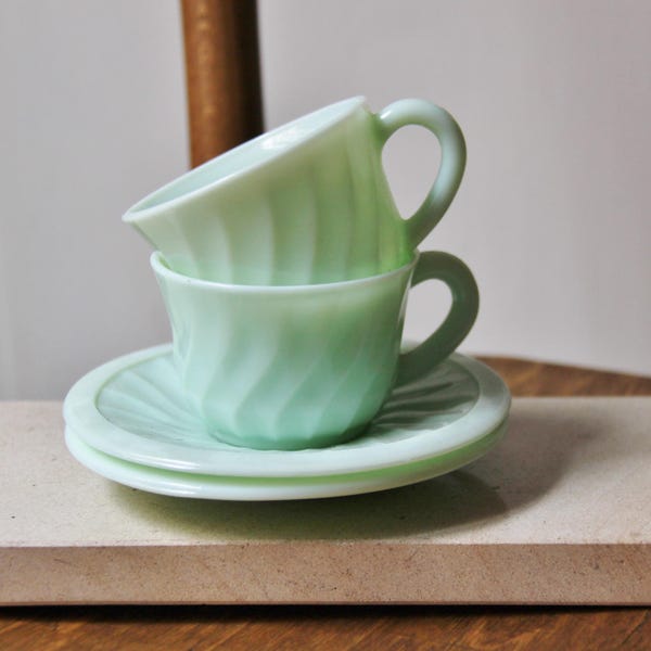 set of 2 Tea Coffee Mug cup  vintage green jade - jadeite France 50s/ Arts midcentury table /Holy10