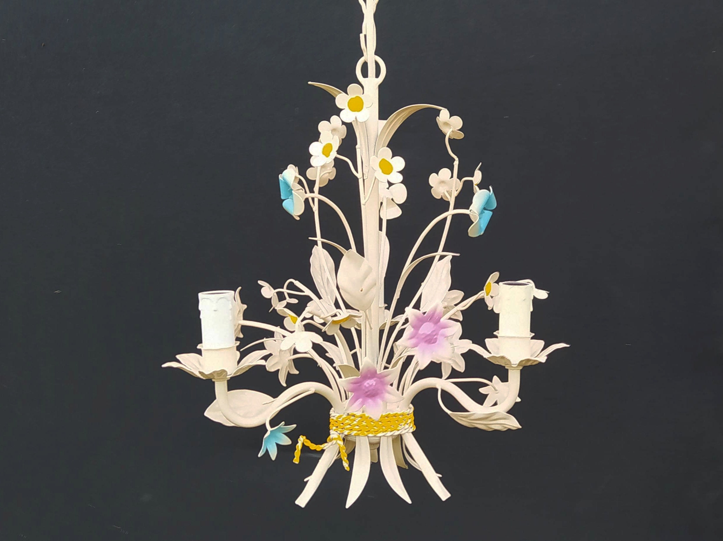 Lustre Florentin Métal Fleurs Bouquet Vintage 3 Bougies/Suspension Plafonnier Champêtres Midcentury 