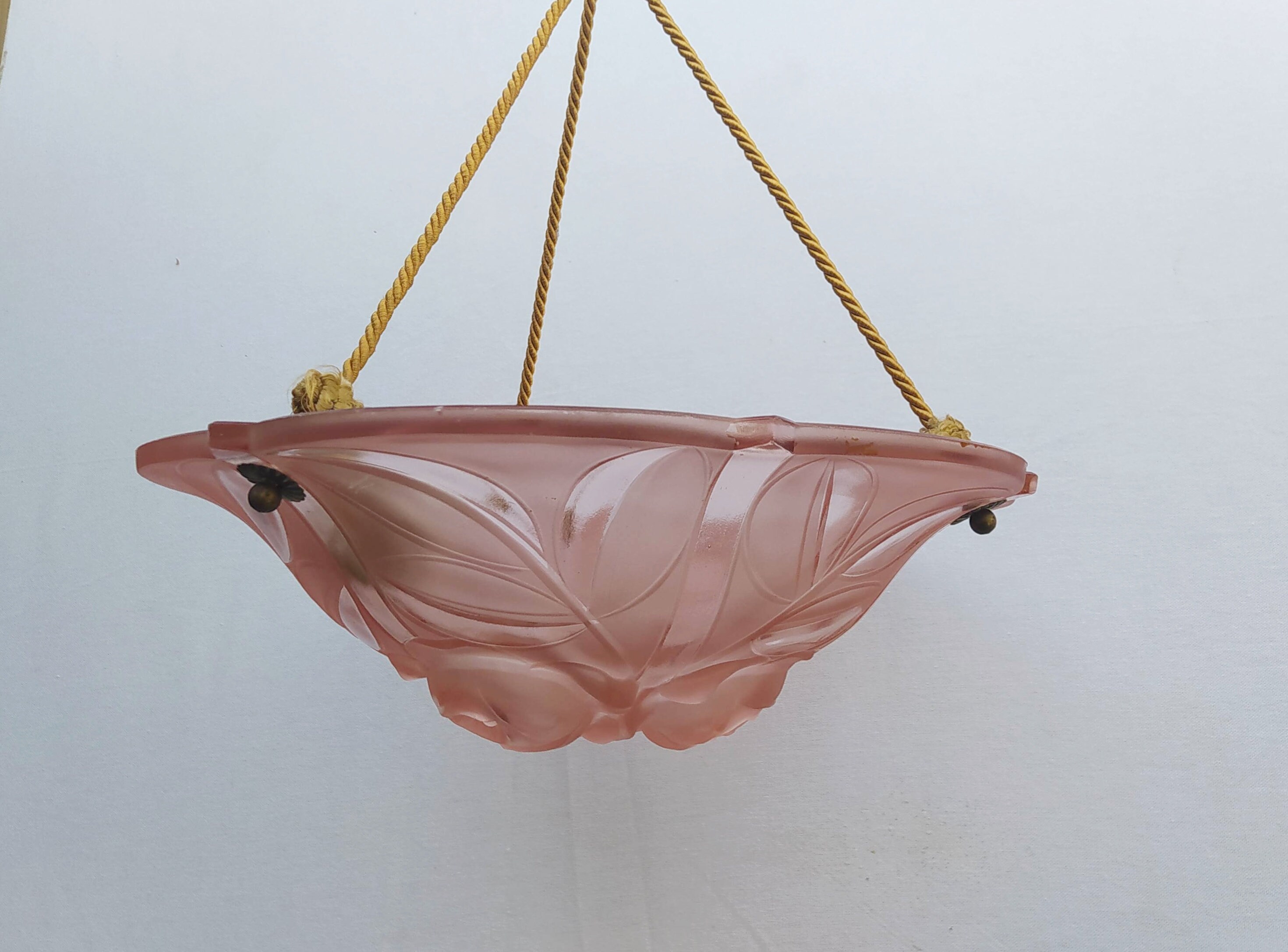 Lustre Vasque Plafonnier Art Deco Verre Rose Cordons Tissus/Luminaire Antique Plateau Holy10 Paris