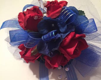 Blue Silk  Prom Wrist Corsage, Quinceañera Wrist Corsage, Prom Wrist Corsage and Boutonniere Set