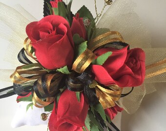 Black, Gold and Red Silk Wrist Prom Corsage