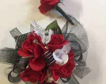 Silver and Black Silk Wrist Corsage, Silk Prom Wrist Corsage and Boutonniere Set, Mother of the Bride