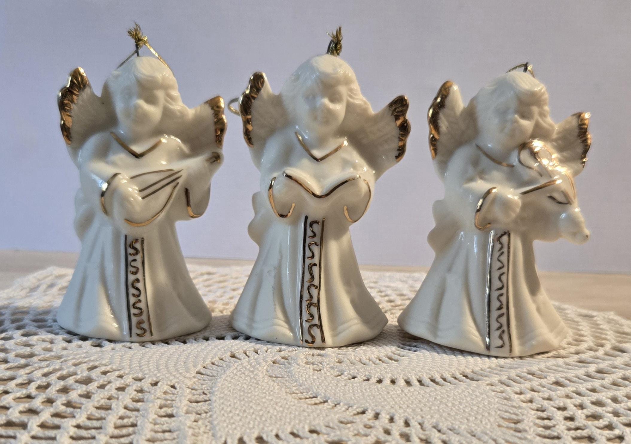 Vintage Christmas Angel Bell Ornaments Set of Three / Stocking