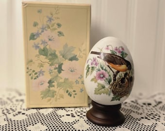 Vintage Avon Four Seasons Porcelain Egg Series “Every Spring Brings a New Beginning” With Wood Stand / Easter or Spring Decor