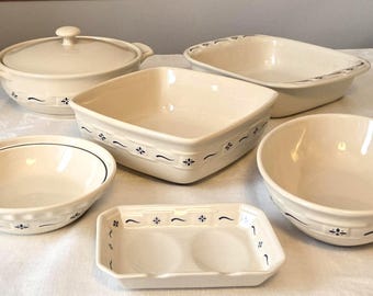 Vtg Longaberger Ceramic Pottery Woven Traditions Classic Blue Choice of One - Casserole, Vegetable Bowl, Double Spoon Rest, Baker or Pie