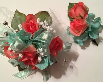 Prom Wrist Corsage, Mint Green and Coral Silk Wrist Corsage, Mother of the Bride Silk Wedding Wrist Corsage