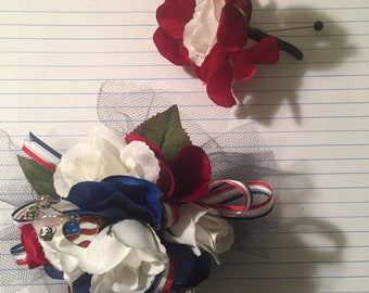 Patriotic Wrist Corsage, Red, White and Blue  Wrist Corsage, Military Ball Red White and Blue Silk Wrist Corsage, Prom Wrist Corsage