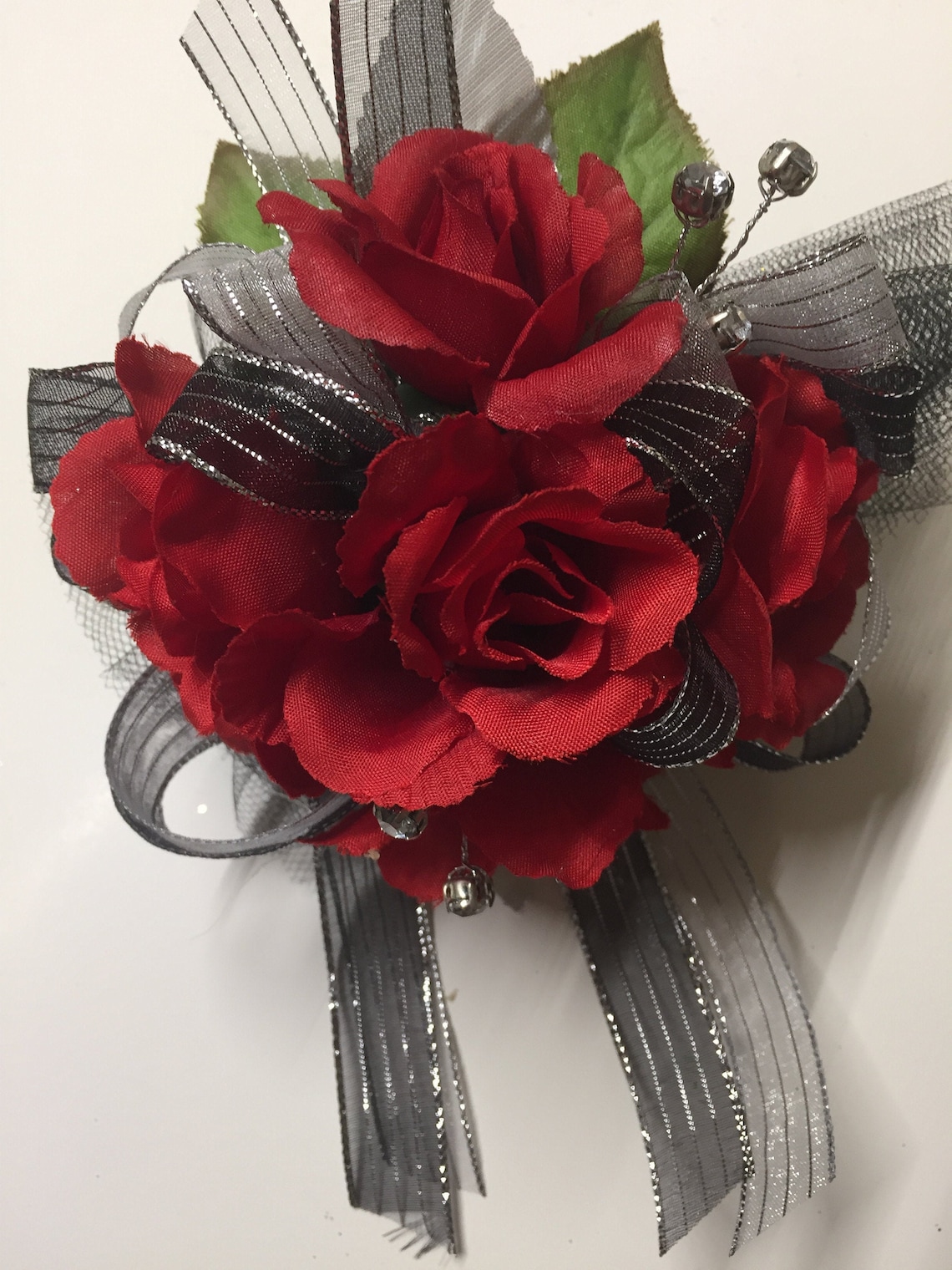 Red Black Silver Silk Prom Wrist Corsage and Boutonniere Etsy
