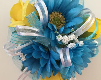 Yellow Silk Prom Wrist Corsage, Blue and Yellow Silk Wrist Prom Corsage, Quinceañera Flower, Sweet 16 Birthday, Graduation Party